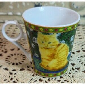 Vintage Fine Porcelain Orange Tabby Cat Kitten Theme Mug w/ Unique Handle 6 oz